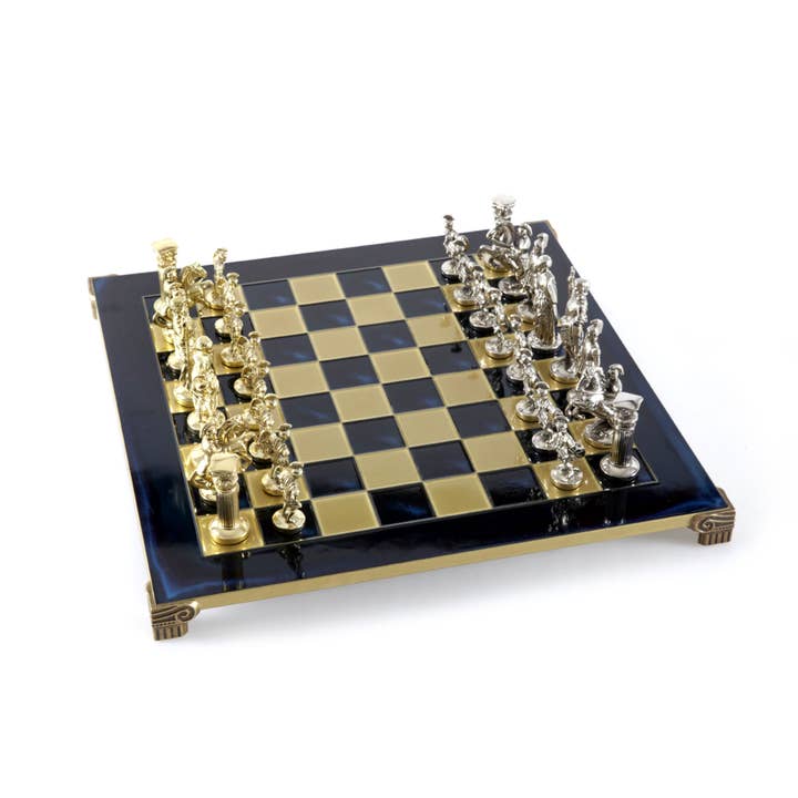 Cardshouse - Wholesale Board Game - Greek Roman Period Metal Chess Set With 44Cm Blue Wooden Che