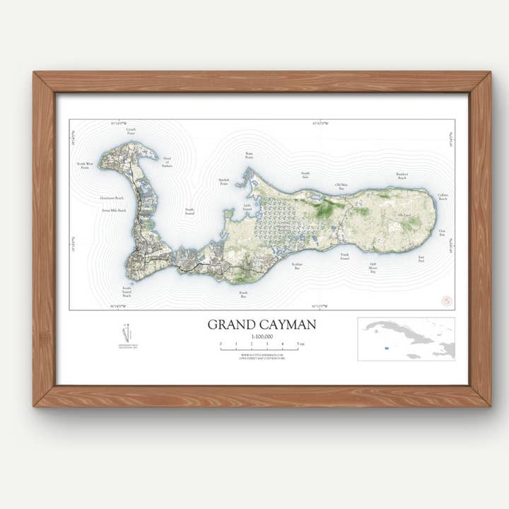 Grand Cayman Island Map Art Print Shoreline Style for wholesale by Scott Lussier Maps
