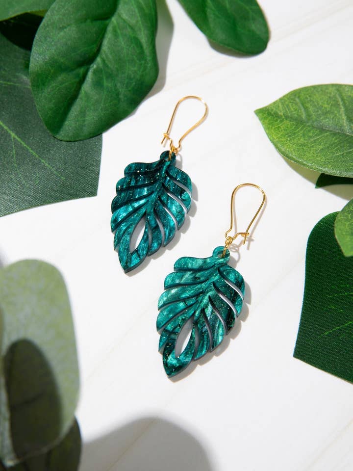 Boho Jungle Palm Leaf Earrings | Tropical Acrylic Statement Jewelry | Lightweight Nickel-Free Earrings for wholesale by Luna B Jewelry