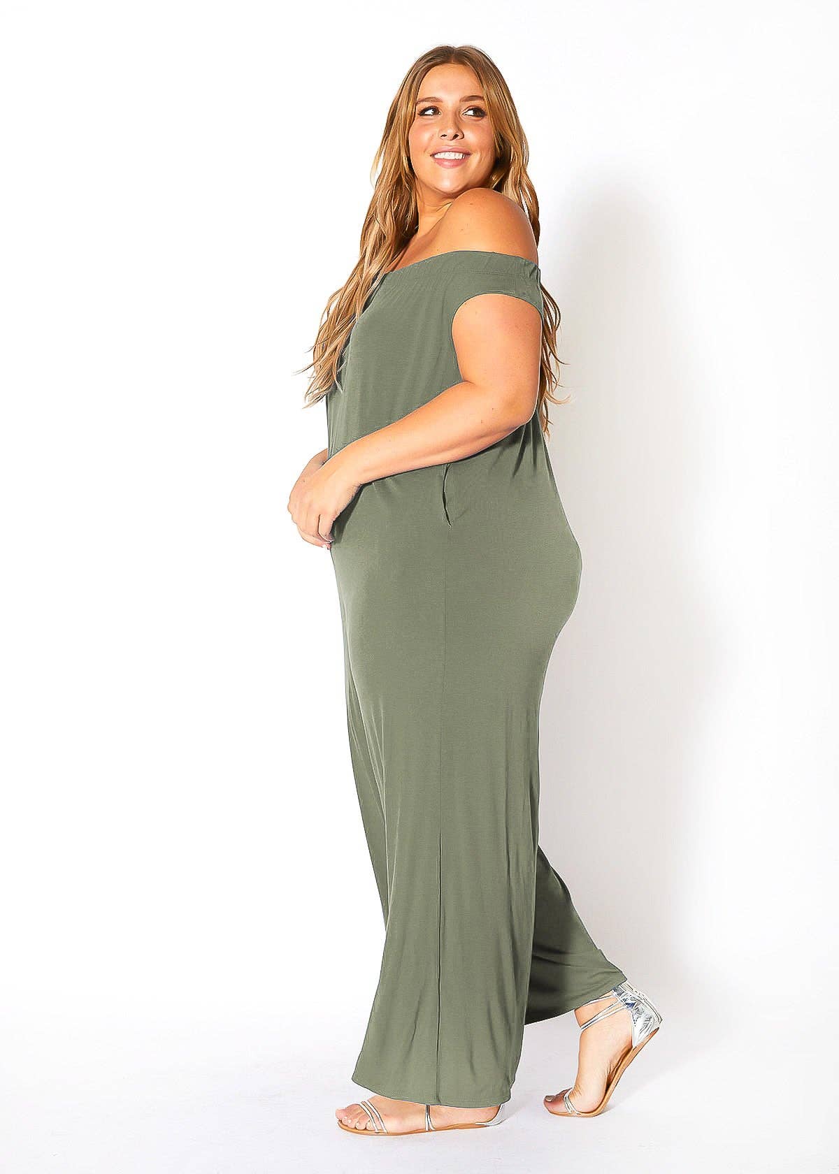 Robin K - Wholesale Jumpsuit - Women's - Bellatrix Plus Size Off Shoulder Wide Leg Jumpsuit8