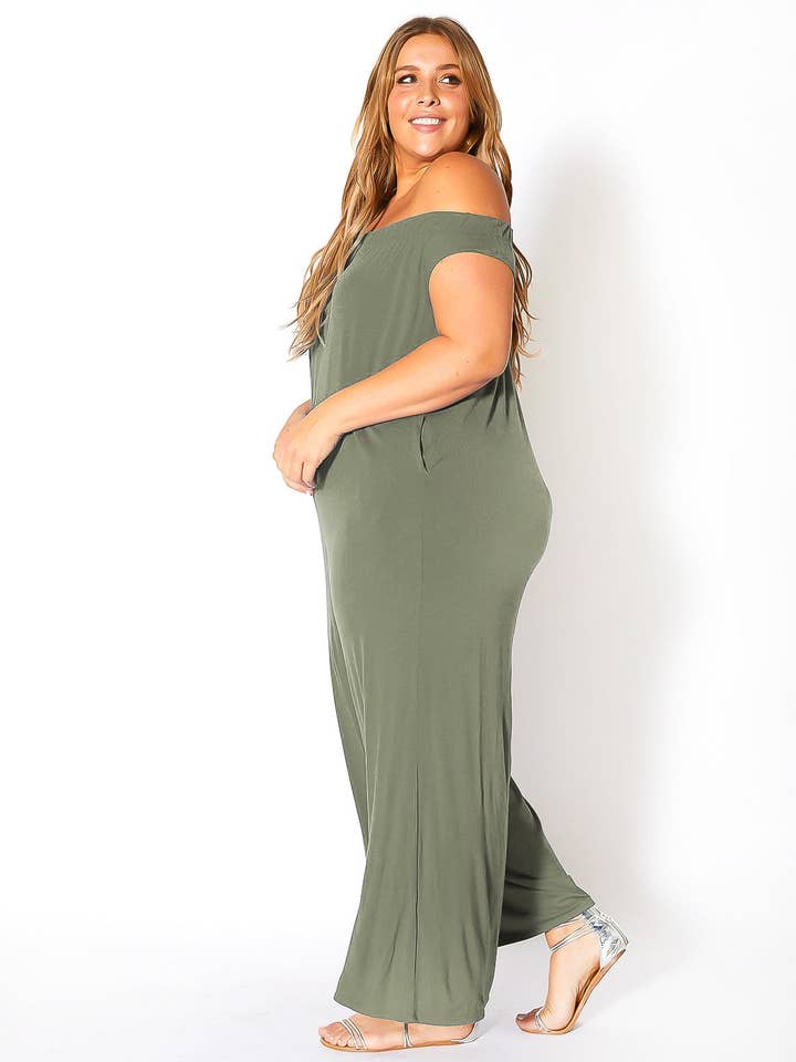 Robin K - Wholesale Jumpsuit - Women's - Bellatrix Plus Size Off Shoulder Wide Leg Jumpsuit8