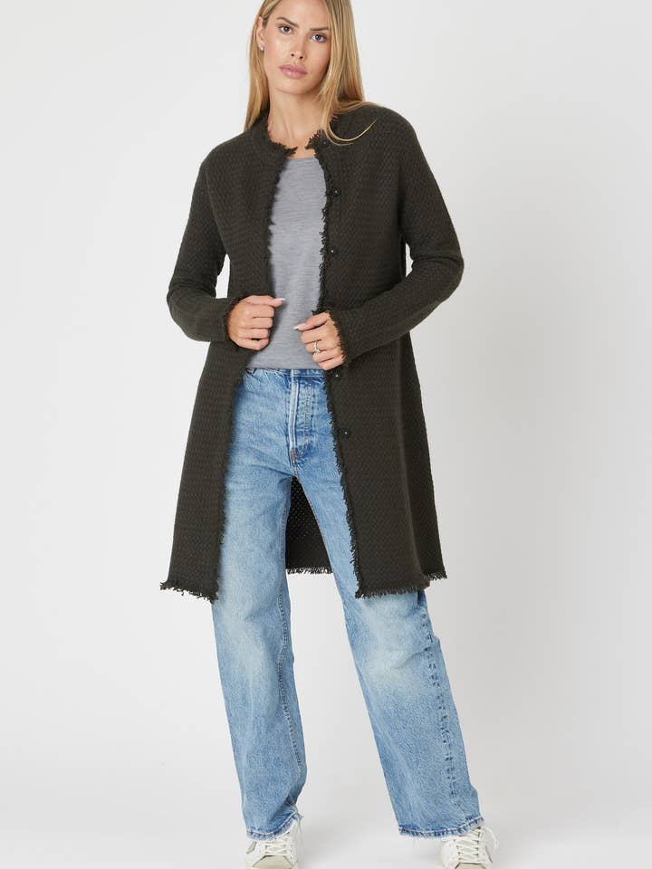 COCO Mandarin Coatigan - Loden for engroshandel hos Nuan Cashmere