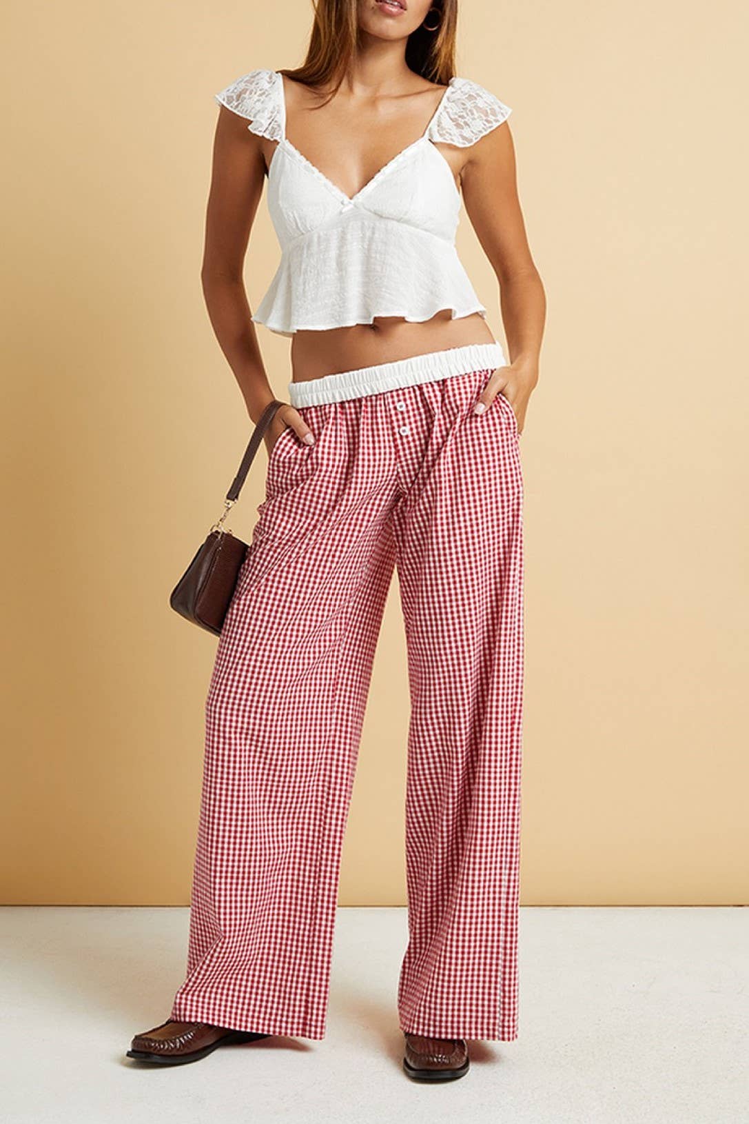 Rosa Clothing - Wholesale Pants - Women's - easy daily patchwork gingham wide leg pants11