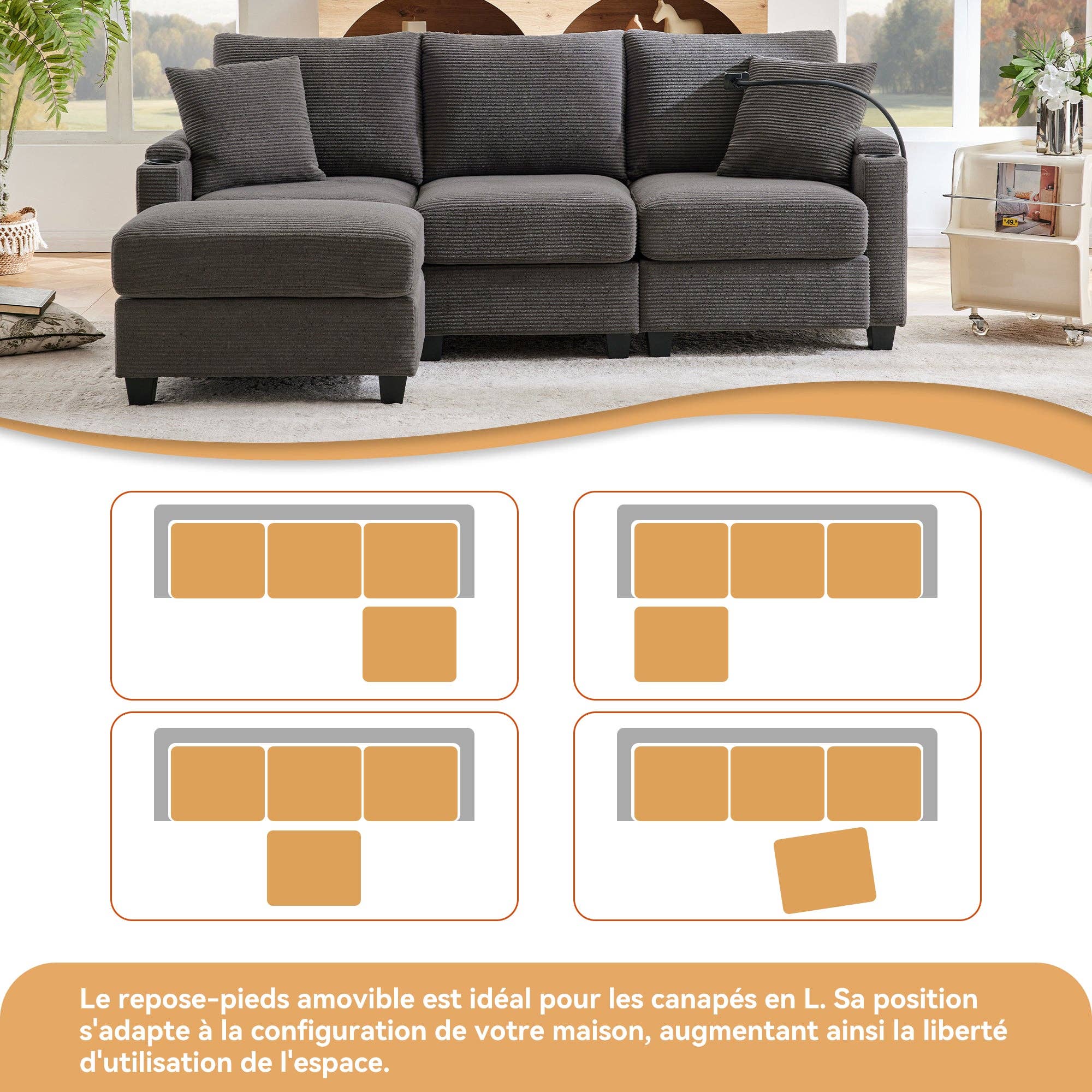 Urban Meuble - Wholesale Bank - Modulaire hoekbank in grijze ribfluweel, 3-4 zitplaatsen met afneembare poef, USB-poorten en bekerhouders GEYSERFOUNT9