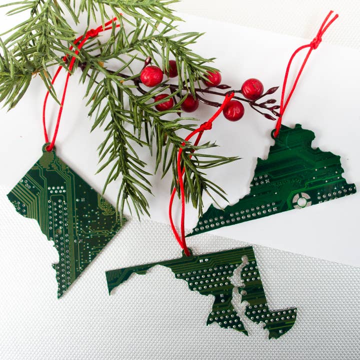 Circuit Board Ornaments - State Shapes for wholesale by Circuit Breaker Labs