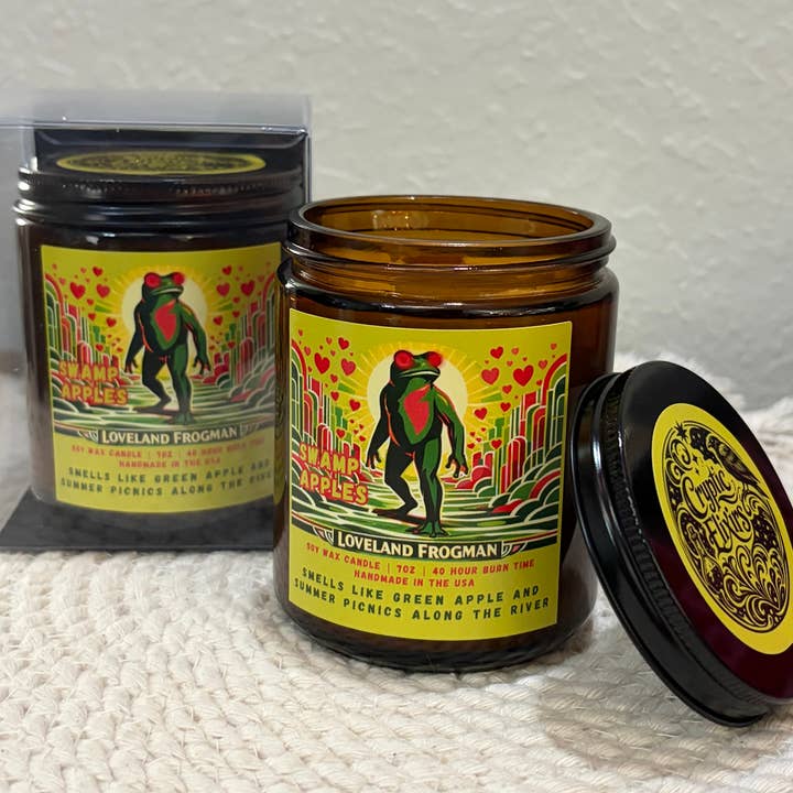 Loveland Frog Cryptid Swamp Apple Handmade Scented Candle for wholesale by Cryptic Paper Co.