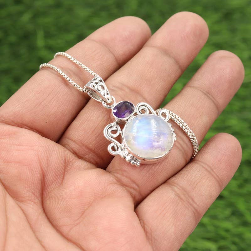 Jay Jools - Wholesale Pendant/Charm Necklace - Rainbow Moonstone Chain Pendant 925 Sterling Silver Jewelry4
