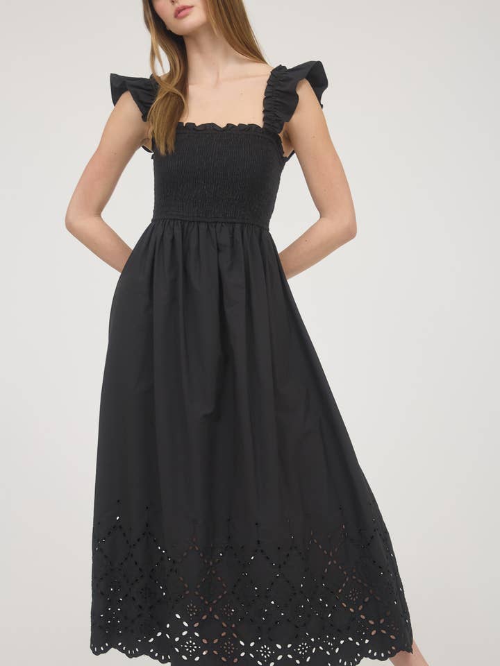 Blu Pepper - Wholesale Dress - Women's - SMOCKED RUFFLE SLEEVE EYELET HEM MIDI DRESS