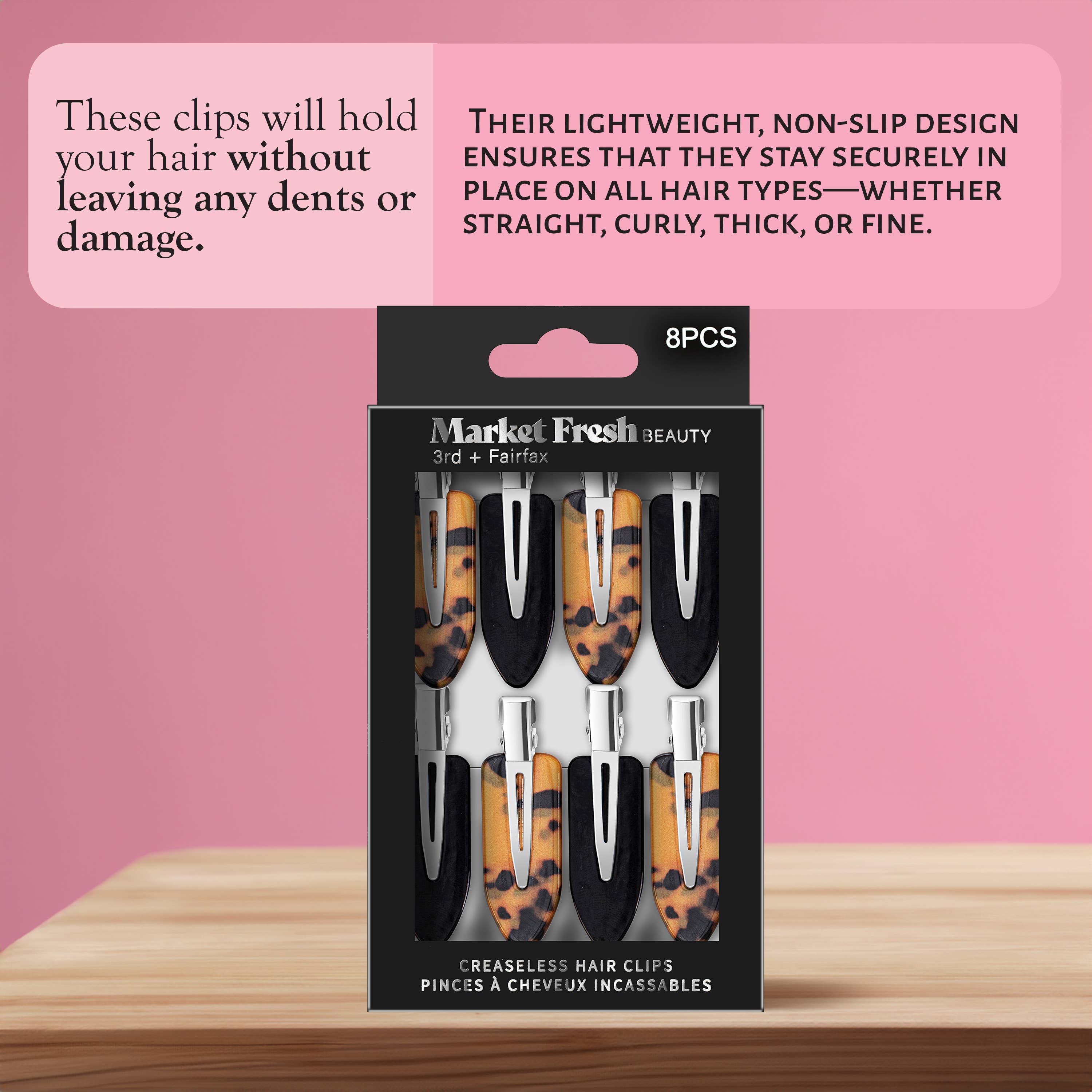 Market Fresh Beauty - Wholesale Hair Clip - Women's - Market Fresh Beauty Creaseless Hair Clips, 8 Pack - No-Crease Hair Styling Clips for Sectioning, All Hair Types, Heat Styling & Makeup Application - Tortoise & Black Clips, Non-Slip & Durable Design1