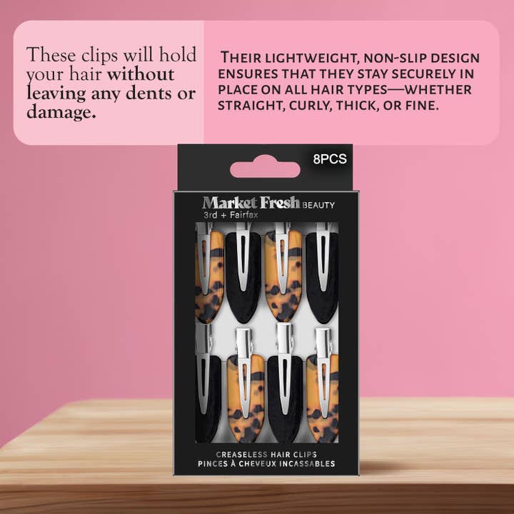Market Fresh Beauty - Wholesale Hair Clip - Women's - Market Fresh Beauty Creaseless Hair Clips, 8 Pack - No-Crease Hair Styling Clips for Sectioning, All Hair Types, Heat Styling & Makeup Application - Tortoise & Black Clips, Non-Slip & Durable Design1