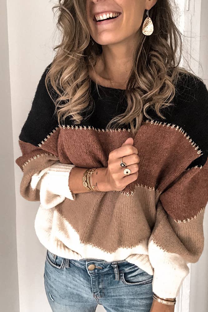 UNISHE - Wholesale Knit Sweater - Women's - Loose Color Block Pullover Knitting Sweater TOPW148611