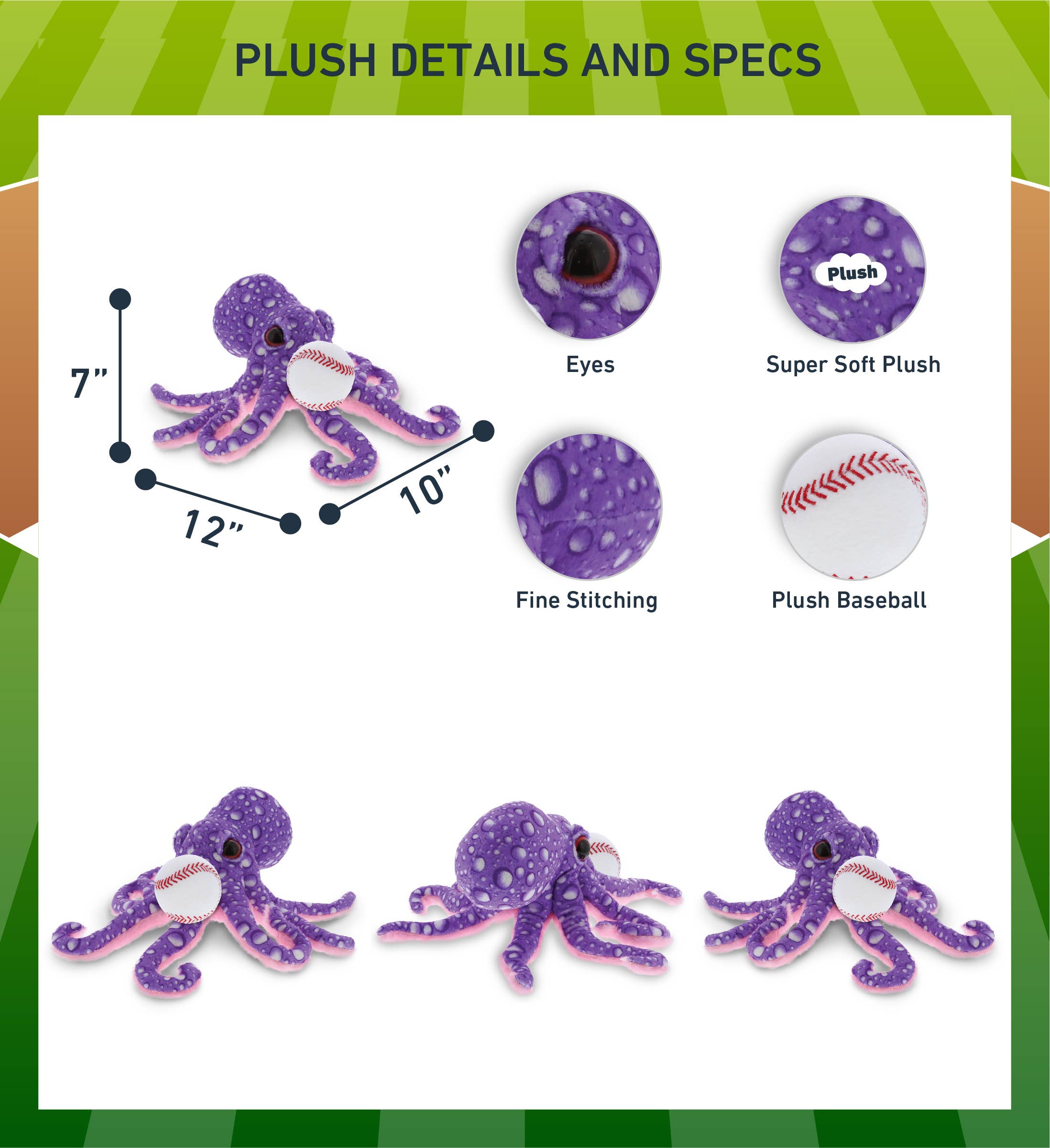 Cota Global – wholesale Stuffed/plush toy – Kids & baby – Plush Baseball - Wild Collection Plush - 12" Purple Octopus2