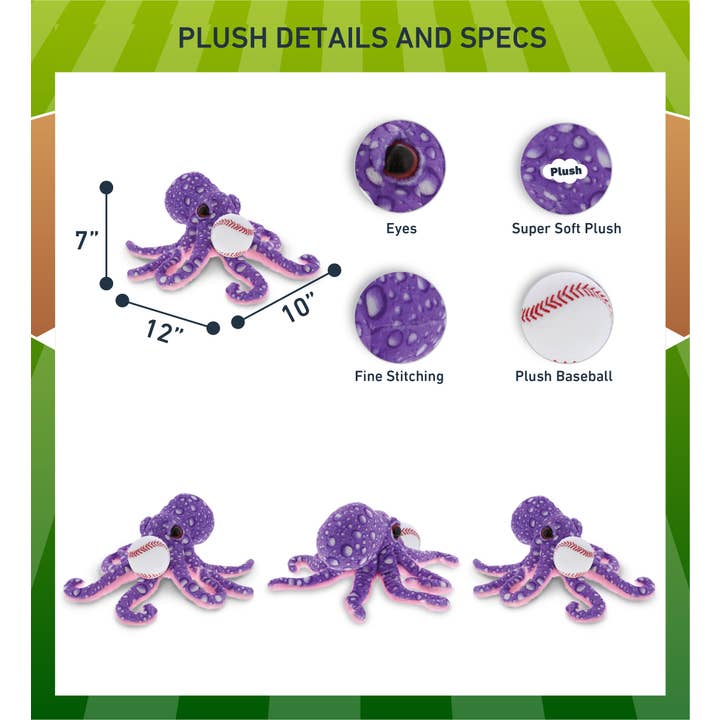 Cota Global – wholesale Stuffed/plush toy – Kids & baby – Plush Baseball - Wild Collection Plush - 12" Purple Octopus2