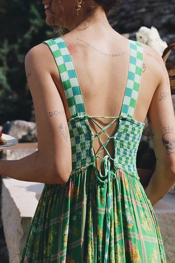 Green checkered Unique Floral Boho ric rac tiered dress for wholesale on Faire4