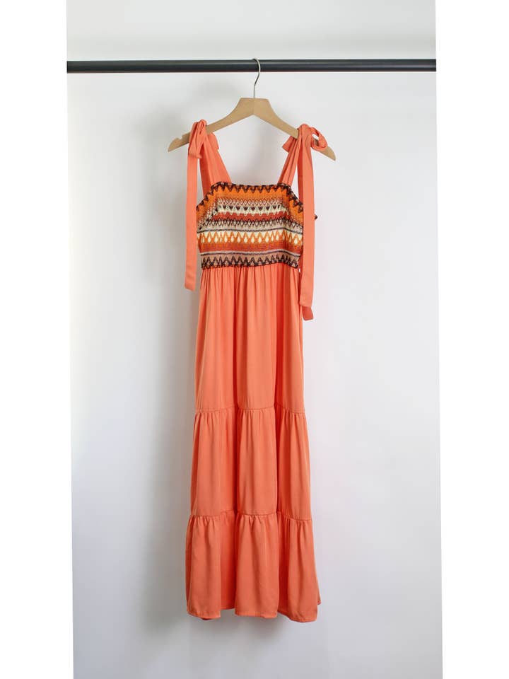 ESLEY – Vestido - Mulher por atacado – Vestido maxi boêmio bordado com tiras ajustáveis