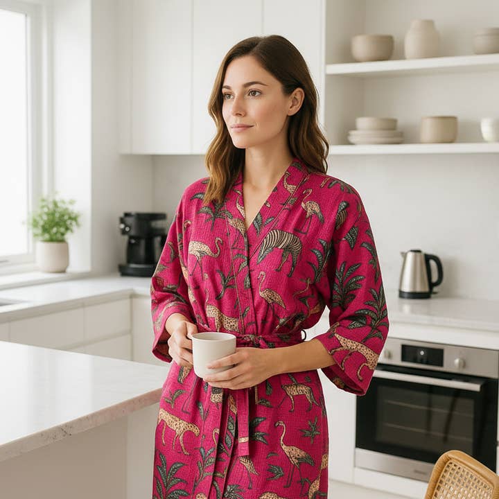 Pink Safari Cotton Waffle Kimono Robe - Soft Lightweight Robe for wholesale by Glamthread