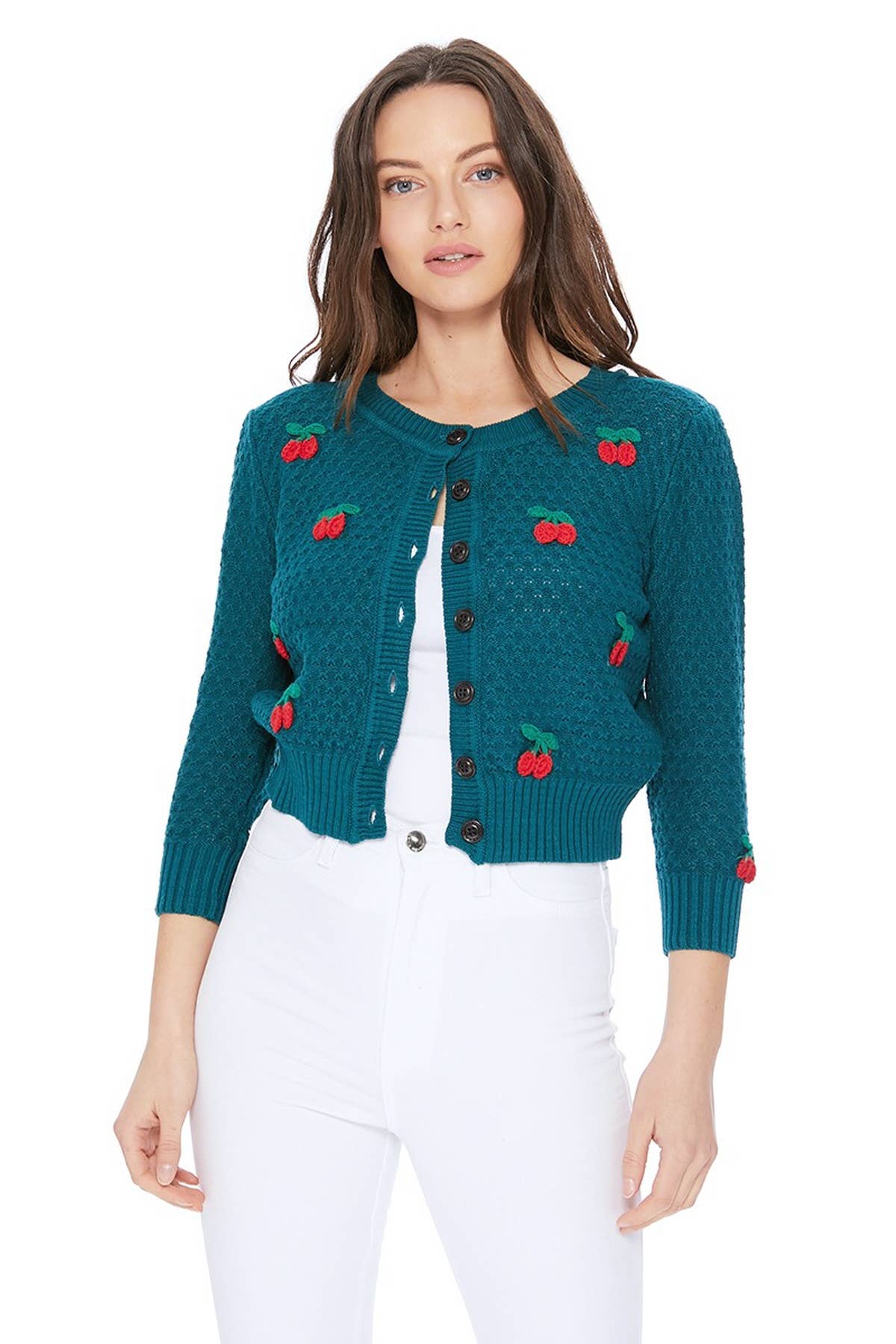 Mak - Wholesale Cardigan - Women's - Cherry Crochet Pom Pom Cropped Cardigan Sweater MK351523