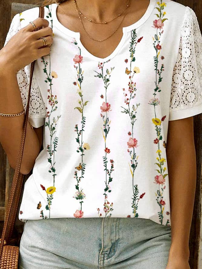 Hvid blomstertrykt kortærmet top med rund hals ZK1821 for engroshandel hos UNISHE