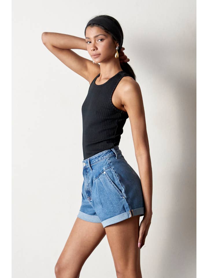 Insane Gene USA - Vendita all'ingrosso Pantaloncini - Donna - Shorts di jeans roll-up elasticizzati a vita alta