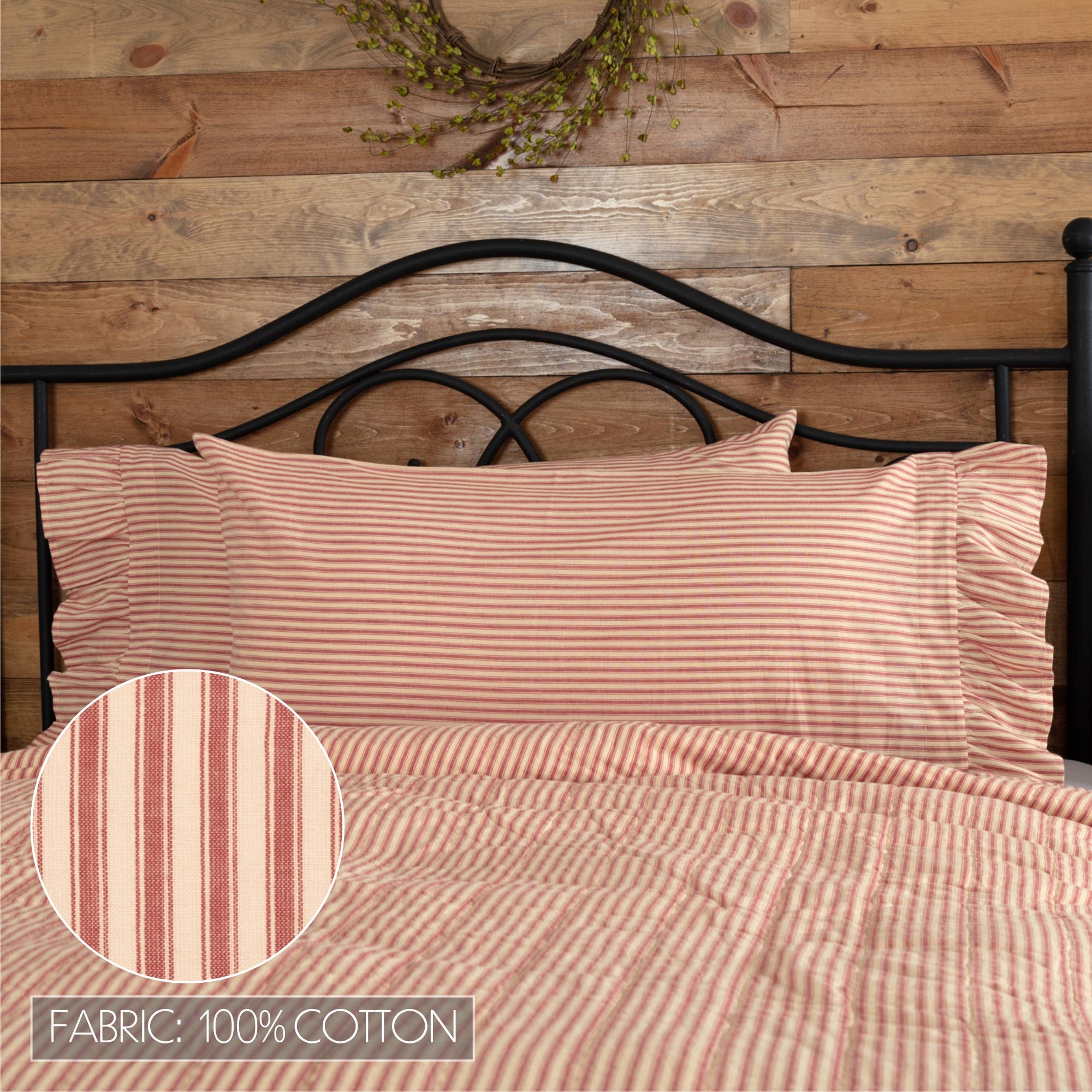 VHC Brands - Wholesale Bedding Pillowcase/Sham - Sawyer Mill Red Ticking Stripe Ruffled King Pillow Case Set of 2 21x404