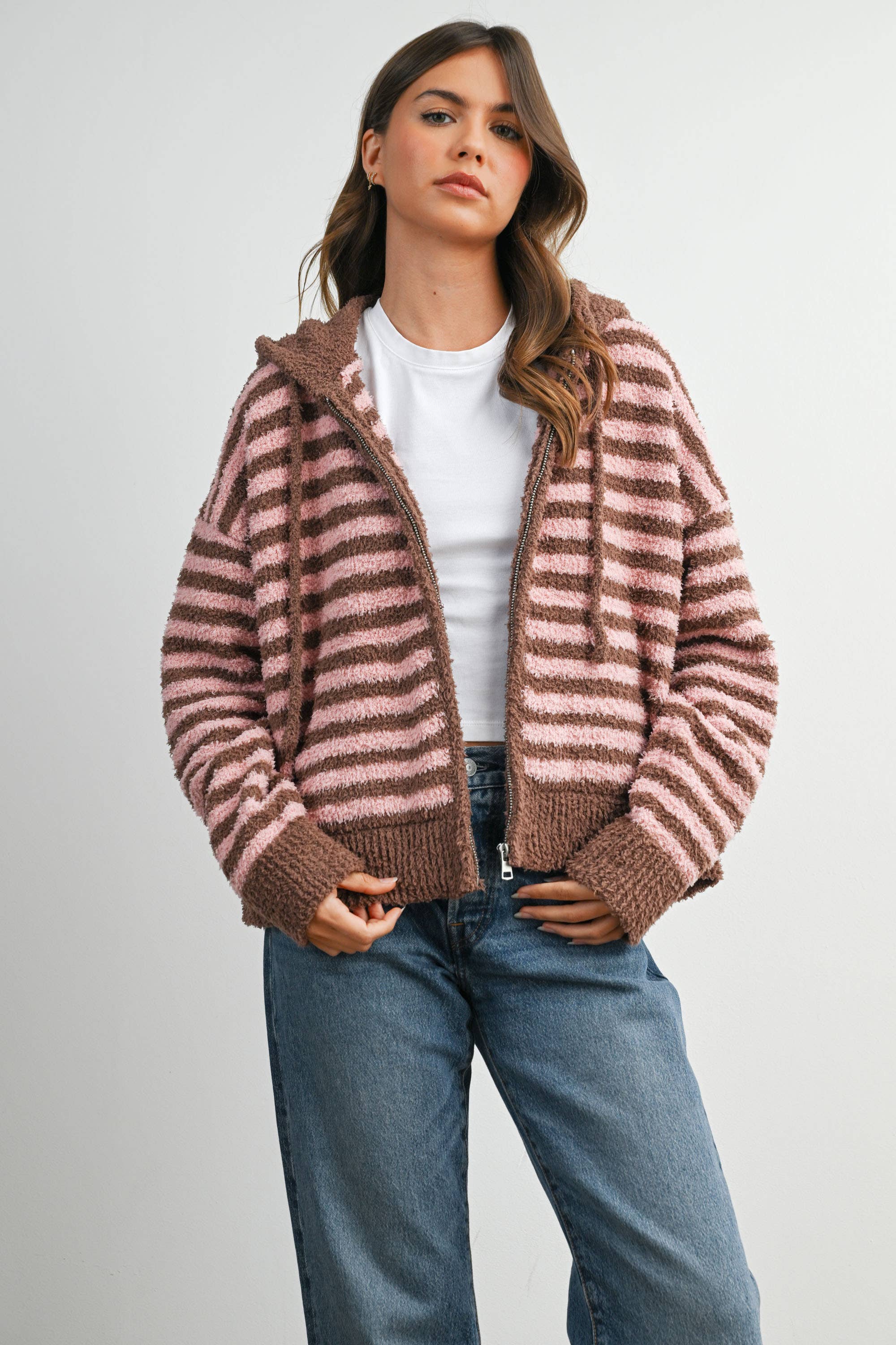 BUTTERMELON - Wholesale Knit Sweater - Women's - Striped Zip-Up Hooded Cardigan - BMC809712