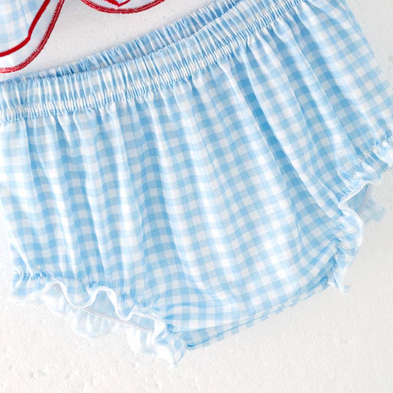 Auraquise - Wholesale Clothing Set - Baby - Baby Girls July 4th Flag Smocked Blue Plaid Romper Set1