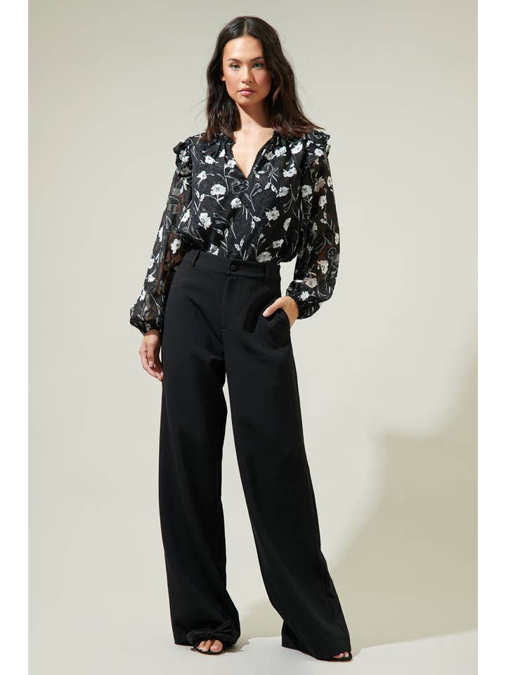 Black White Marilu Floral Ruffle Top for wholesale on Faire