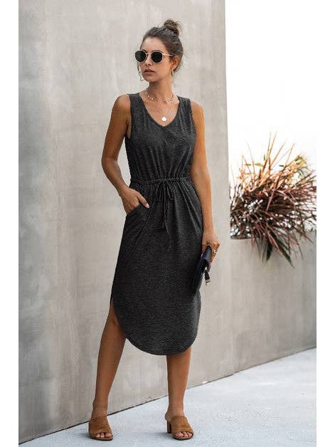 Supreme Fashion - Wholesale Dress - Women's - Solid Sleeveless Slim Waist V Neck Midi Dress