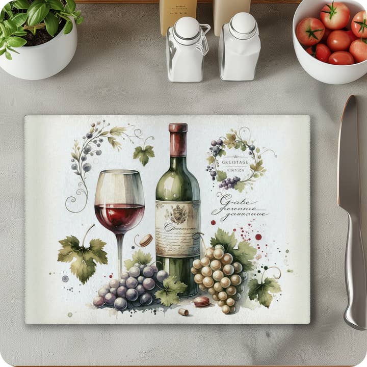 Red Wine & Grapes Glass Cutting Board, Charcuterie Board for wholesale by Fernville Creations
