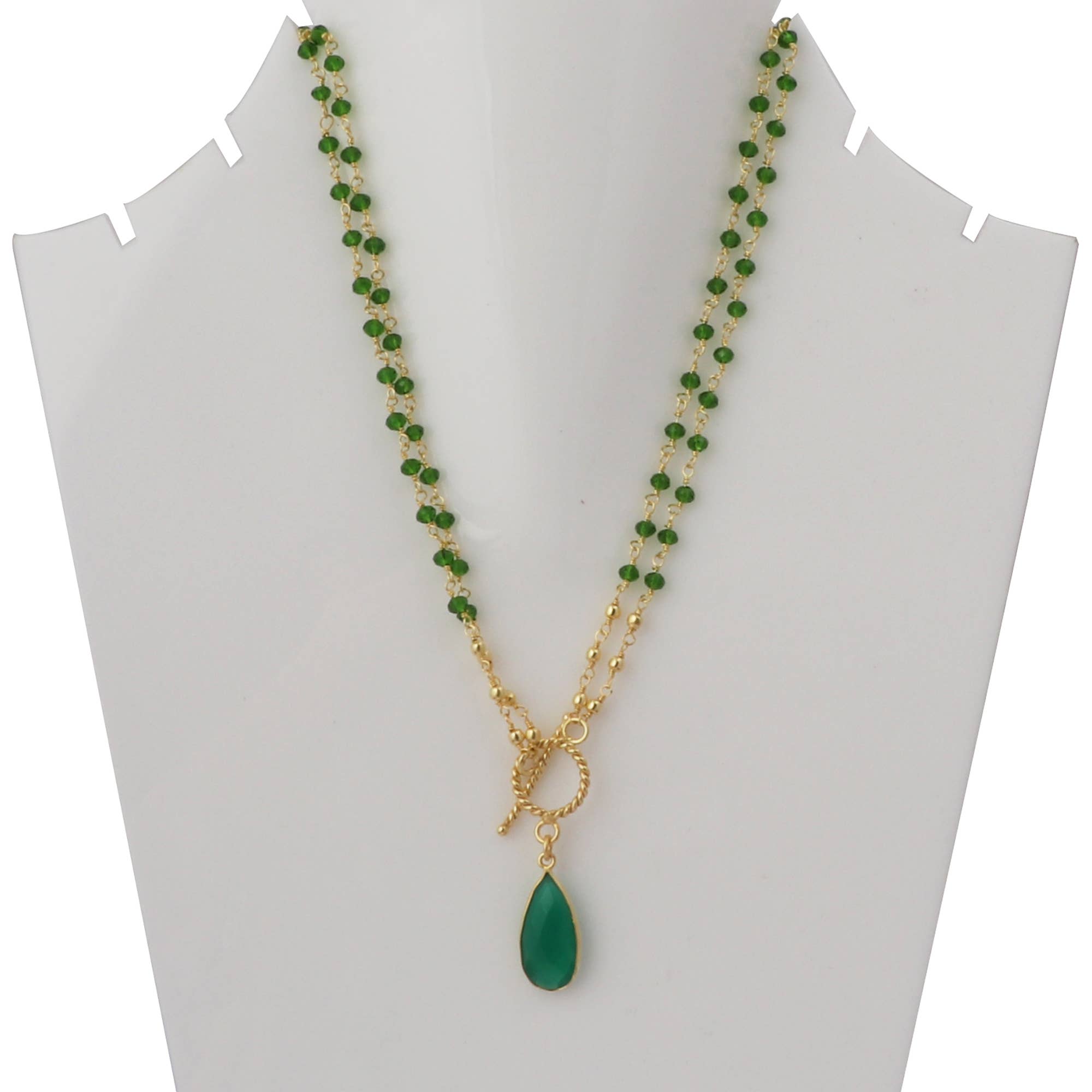 El Joyero - Wholesale Pendant/Charm Necklace - Green Onyx Drop Pendant Gold Plated Beaded Chain Necklace1