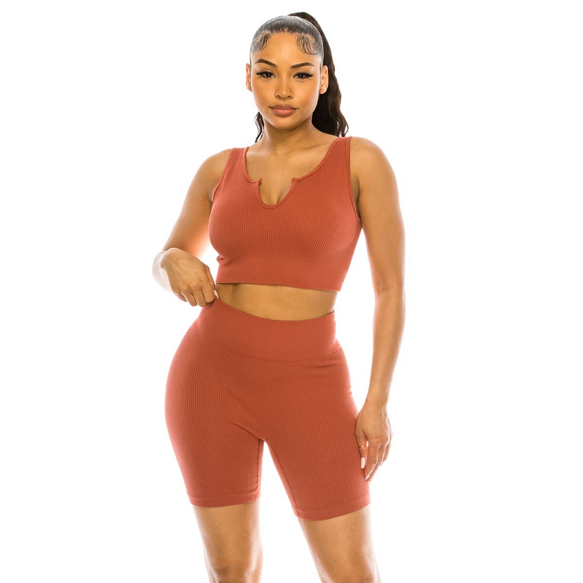 Lime All the Time – wholesale Activewear set – Women′s – 2 Pcs Set Ribbed Muscle Tank Bra and Highwaist Short6