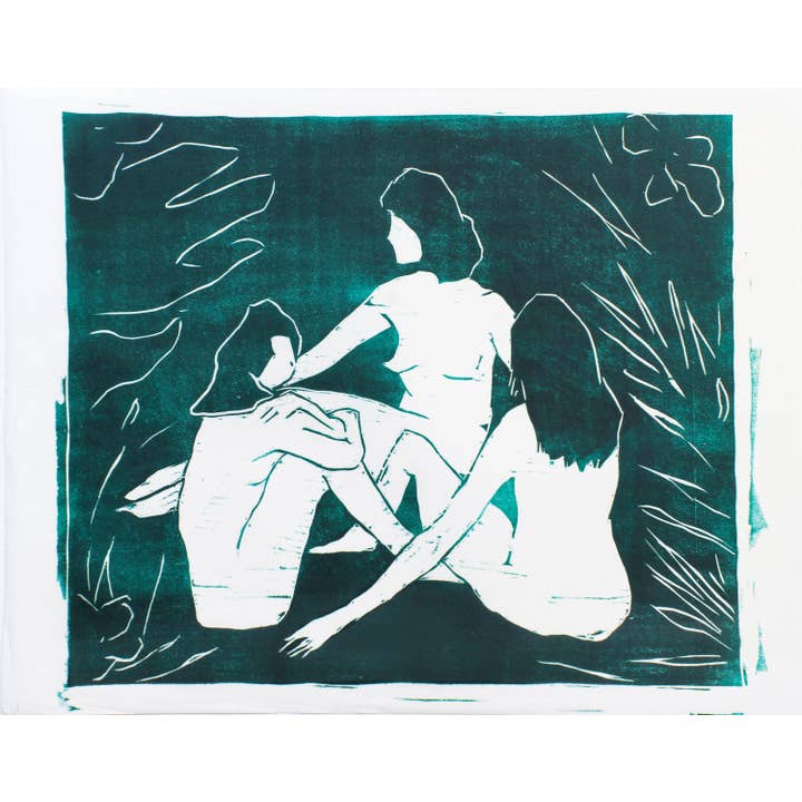 Women Figurative Woodblock Print - Emerald Green Wall Art for wholesale by Michelle Farro Studio