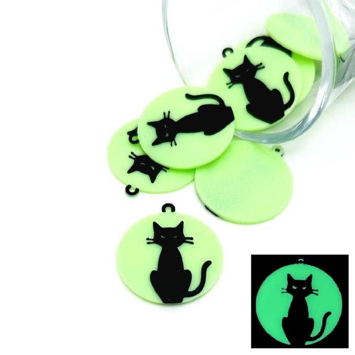 Black Cat on Glow in the Dark Moon Charms, 25x27mm for wholesale by Guerrilla Charm