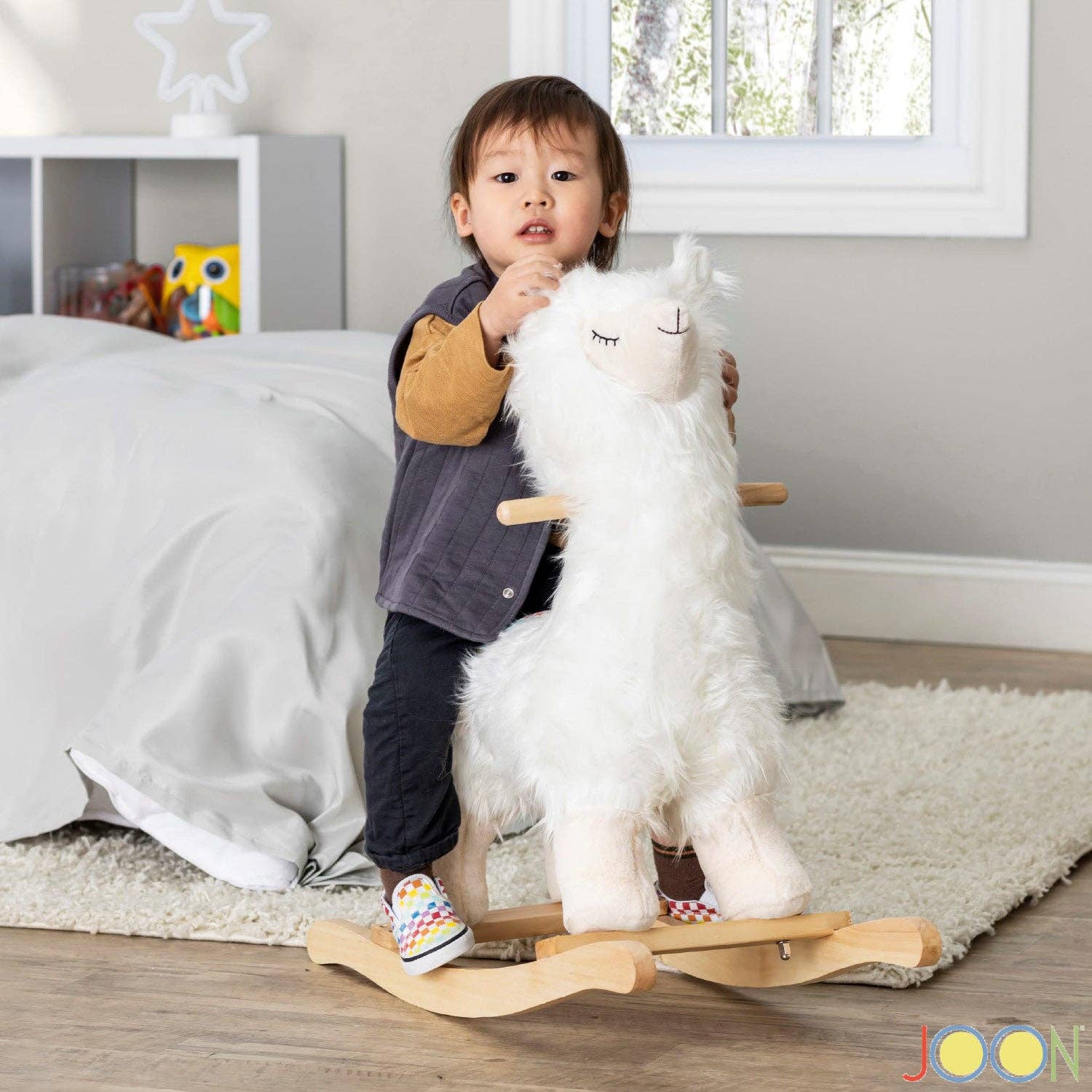 ShopBobbys - Wholesale Rocking Horse - Kids - JOON Lola Shaggy Hair Ride-On Llama Rocking Horse With Sound Effects, White1