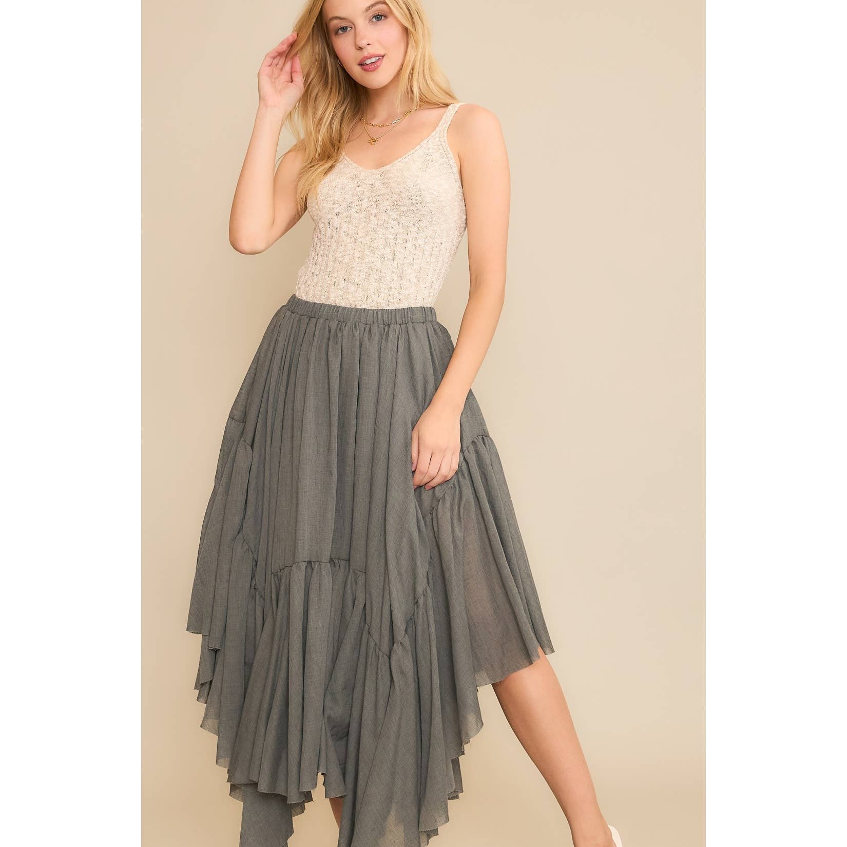 Sweet Generis - Wholesale Skirt - Women's -  Asymmetrical Raw-Edge Ruched Skirt - Charcoal7