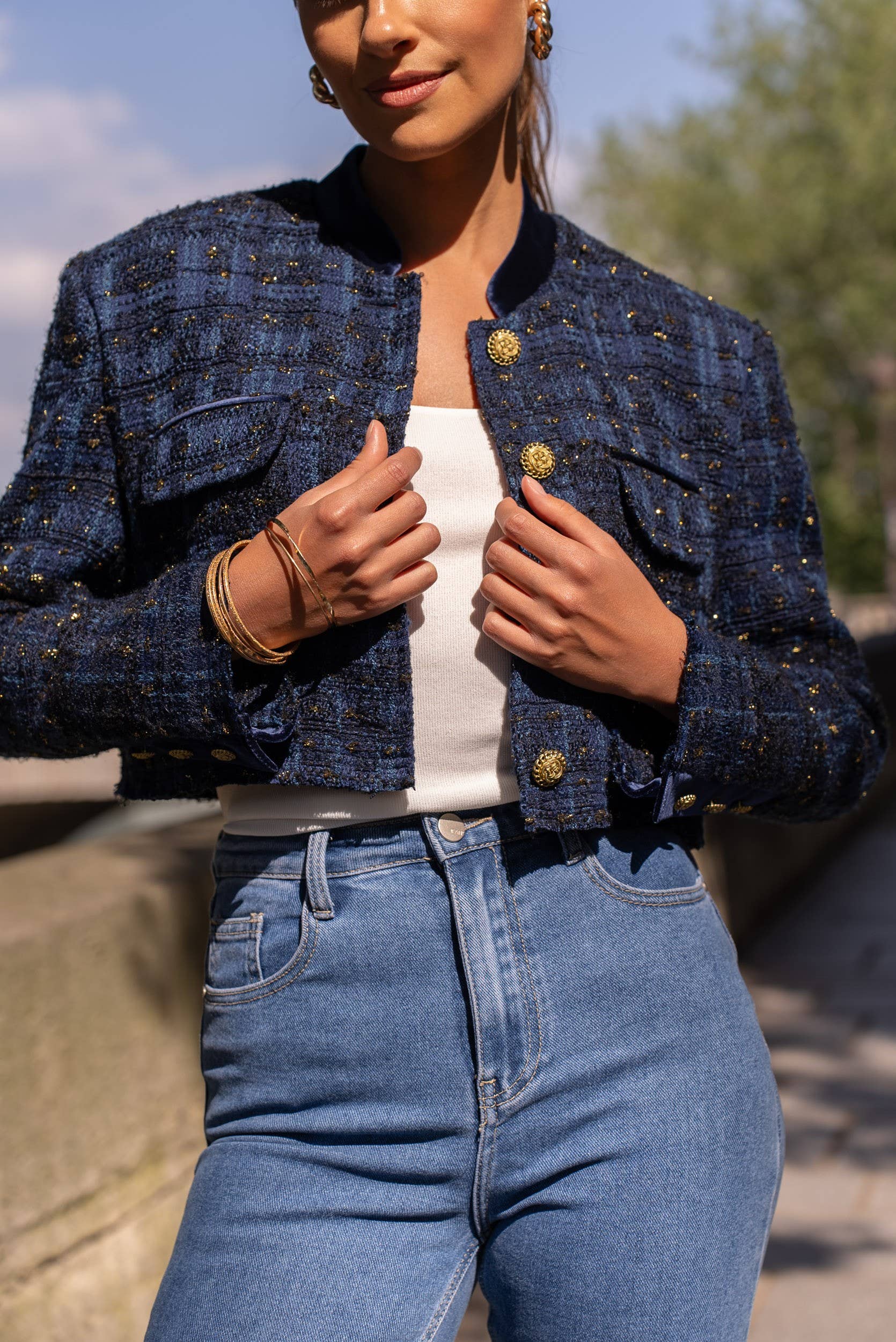 Attentif Paris – wholesale Blazer – Women's – Colourful velvet collar cropped tweed blazer jacket2