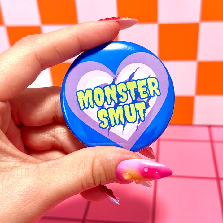 Bookish Monster Smut Books Button Pin Pinback Button for wholesale by Stickers+ X Ashley Bexar