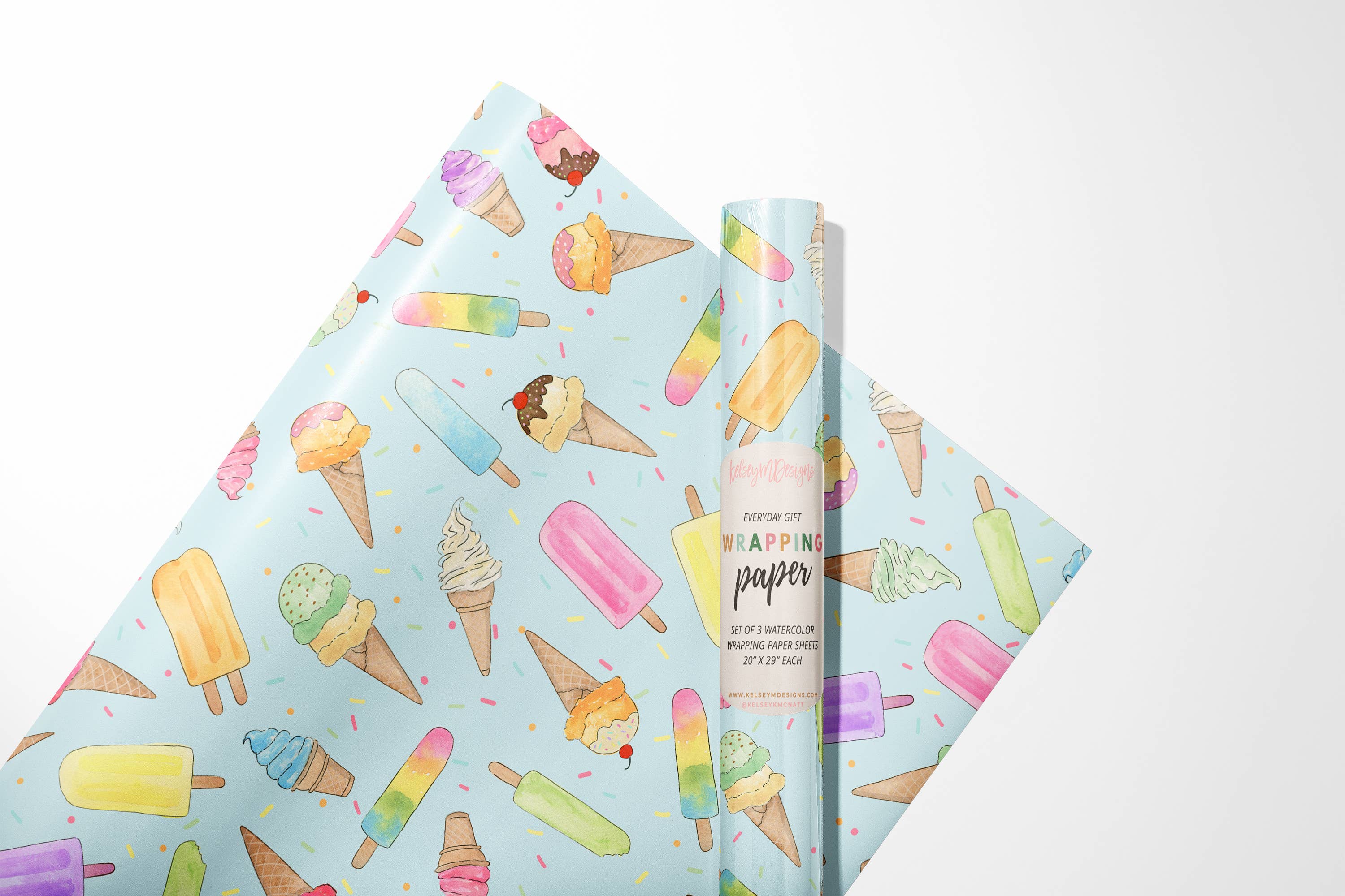 KelseyMDesigns - Wholesale Wrapping Paper Roll - Ice Cream  - Birthday Wrapping Paper - 3 Sheet Roll0