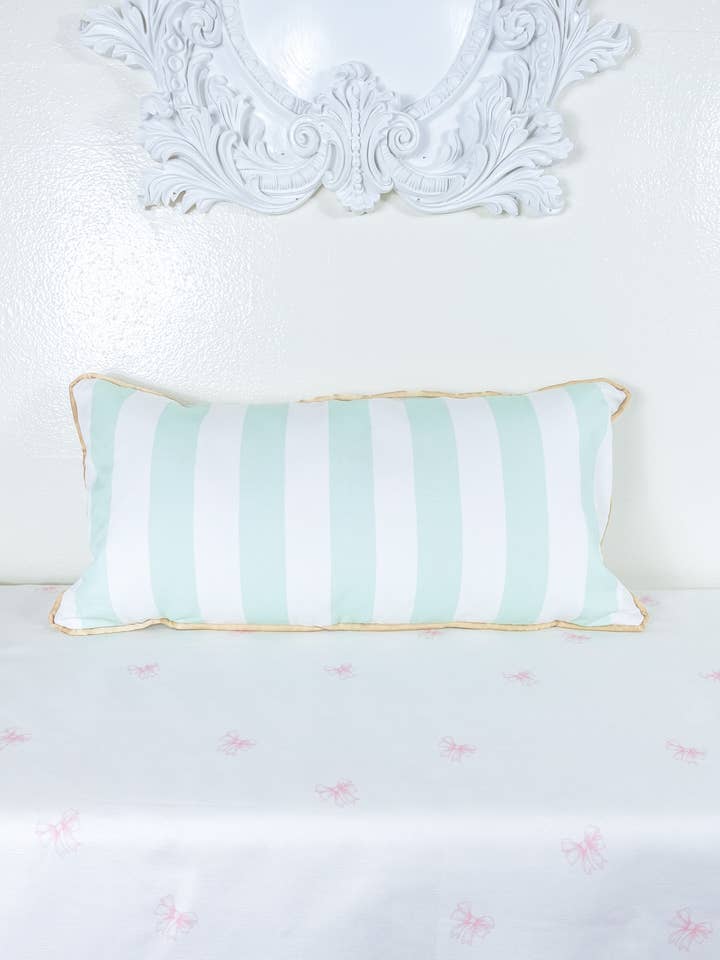 Chantal, Mint Green & White Stripe Pillow, Pink Bow Backing for wholesale by West Cottage Interiors