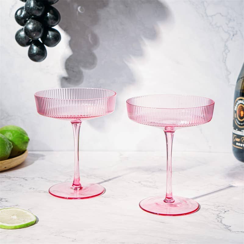 The Wine Savant /  Khen Glassware - Wholesale Cocktail/Liquor Glass - Pink Ripple Cocktail & Champagne Coupe Glasses - Set of 26