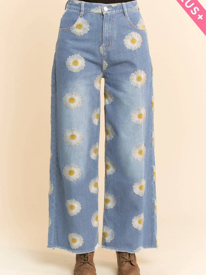 PLUS DAISY POCKET WIDE OPENING DENIM PANTS JEANS for wholesale on Faire
