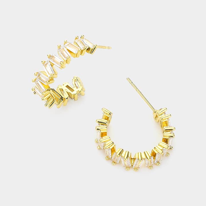 Wona Trading, Inc. - Wholesale Hoop Earrings - Baguette CZ Stone Hoop Evening Earrings