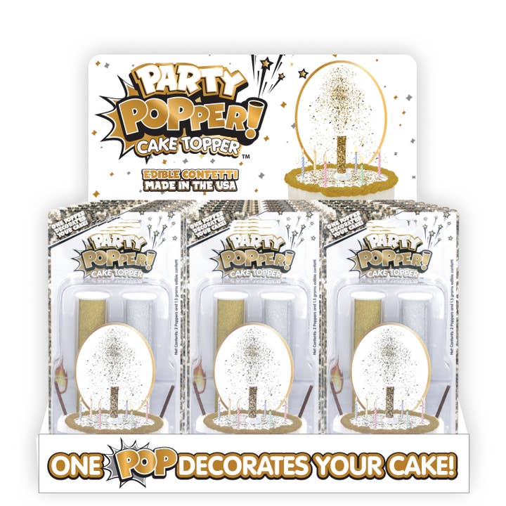 Party Popper! Cake Topper Metallic Counter Display for wholesale by JFL Enterprises