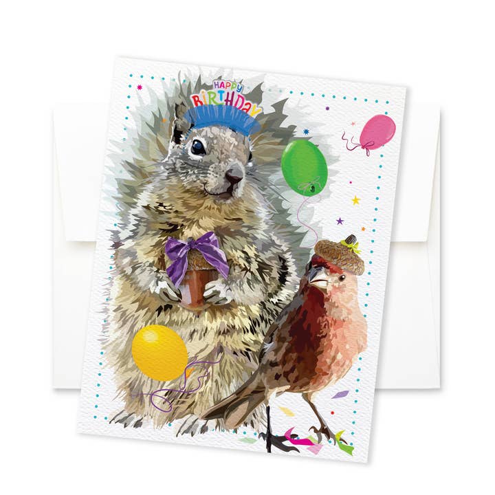 Birthday Card | Nutty Squirrel and Bird for wholesale by The Red Barn Press