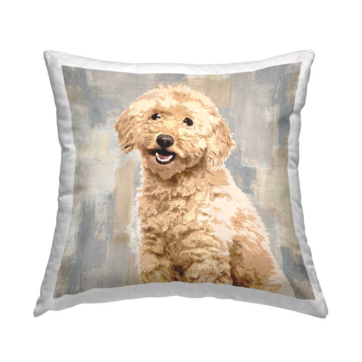 Smiling Labradoodle Dog Patchwork Grey Pattern Throw Pillow for wholesale by Stupell Industries