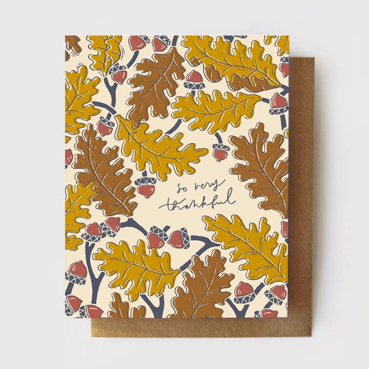 So Very Thankful - Oak Leaves Autumn Card for wholesale by Root & Branch Paper Co.