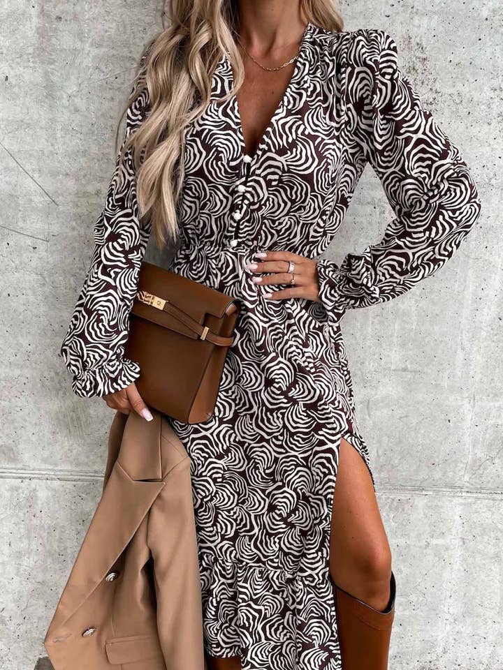 Vionara Abstract Print Midaxi Dress-Brown for wholesale by Catwalk Wholesale