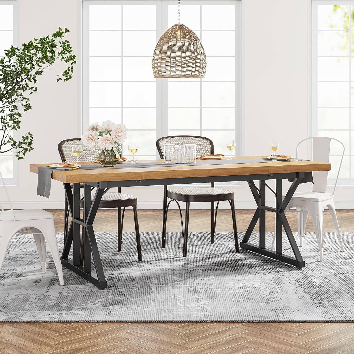 Light Walnut Black Farmhouse Dining Table 70.8 Inch Wood With Metal Legs for wholesale on Faire3