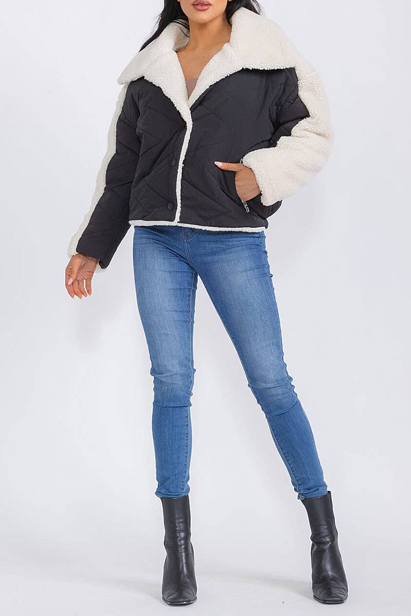 BLACK WHITE SHERPA CONTRAST POCKET FRONT JACKET for wholesale on Faire3