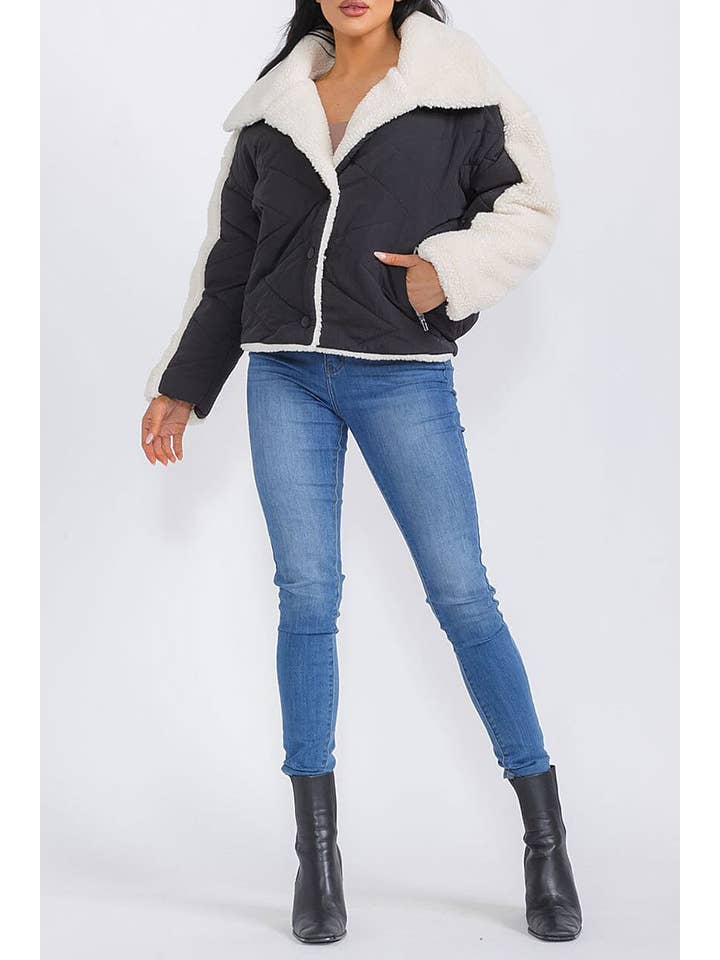 BLACK WHITE SHERPA CONTRAST POCKET FRONT JACKET for wholesale on Faire3